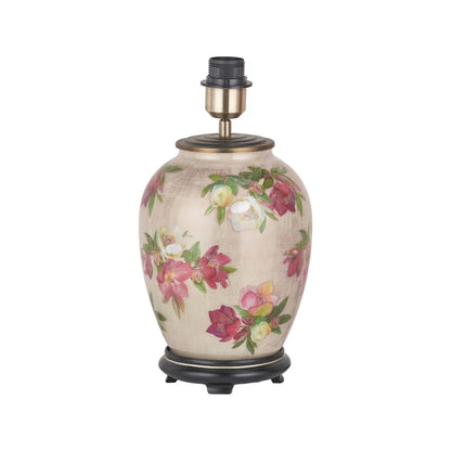 Jenny Worrall Crimson Plum & White Hellebore & Foliage Cream Champagne & Gold Glass Table Lamp Base with Bulbous Shape & Antique Brass Feet – Handcrafted Luxury Floral Lighting 35x20x20cm | Click Style