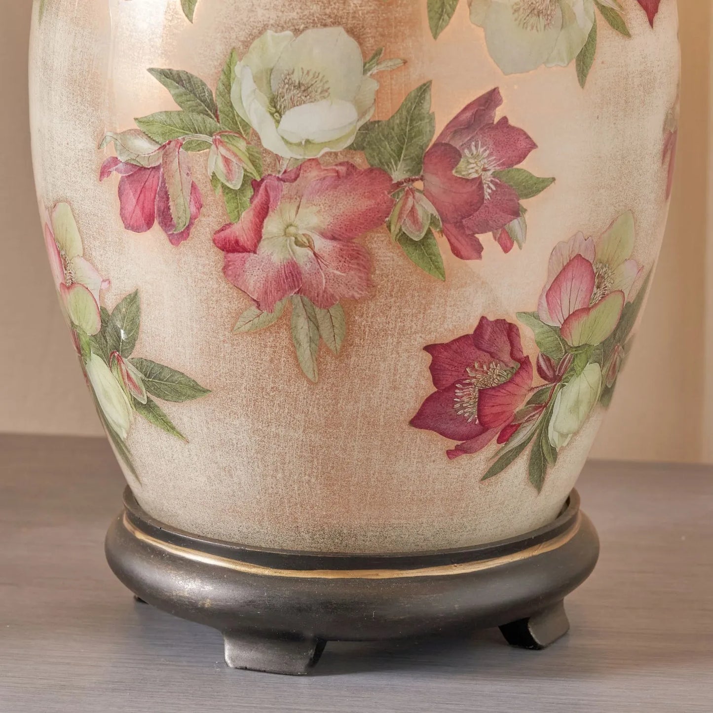 Jenny Worrall Crimson Plum & White Hellebore & Foliage Cream Champagne & Gold Glass Table Lamp Base with Bulbous Shape & Antique Brass Feet – Handcrafted Luxury Floral Lighting 35x20x20cm | Click Style
