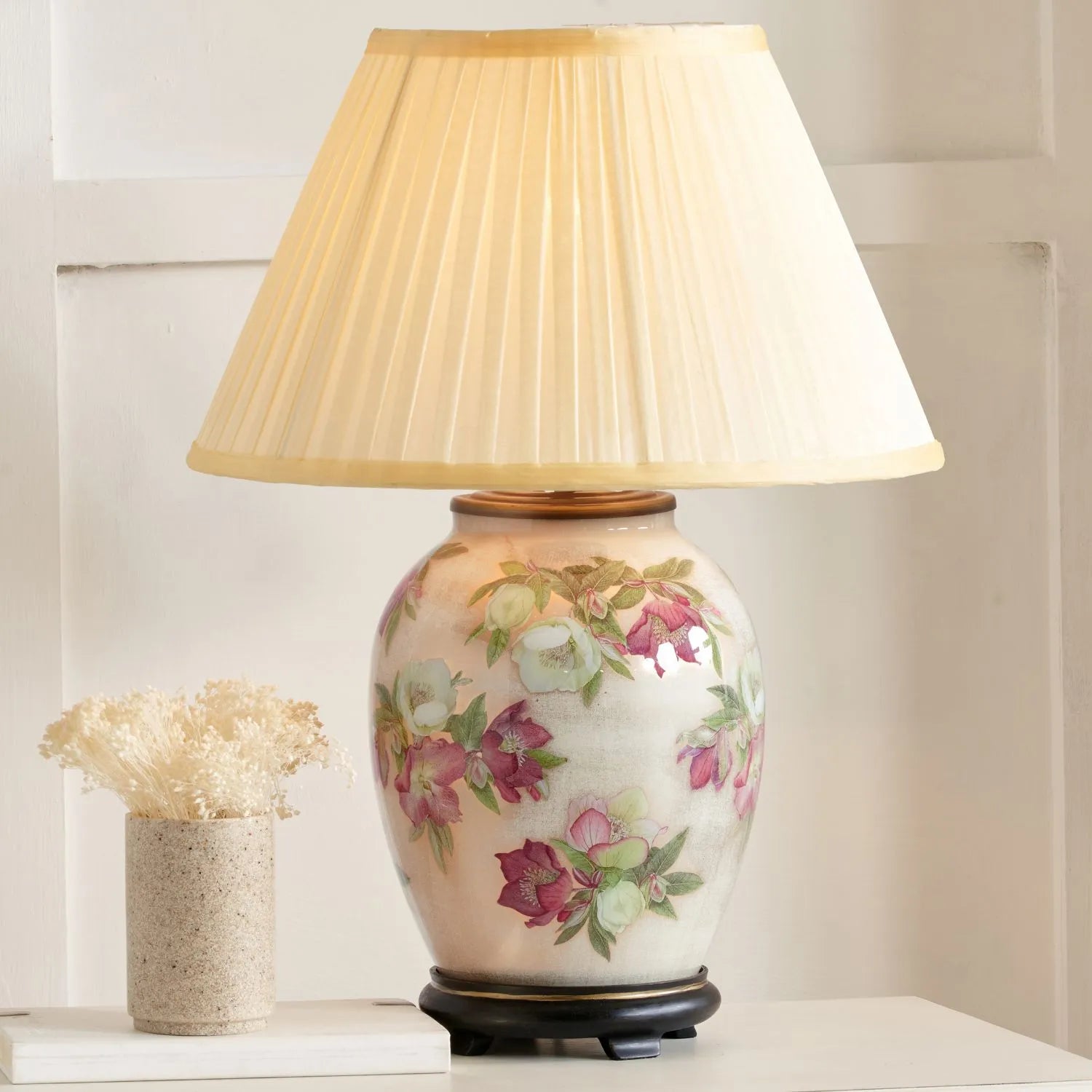 Jenny Worrall Crimson Plum & White Hellebore & Foliage Cream Champagne & Gold Glass Table Lamp Base with Bulbous Shape & Antique Brass Feet – Handcrafted Luxury Floral Lighting 35x20x20cm | Click Style