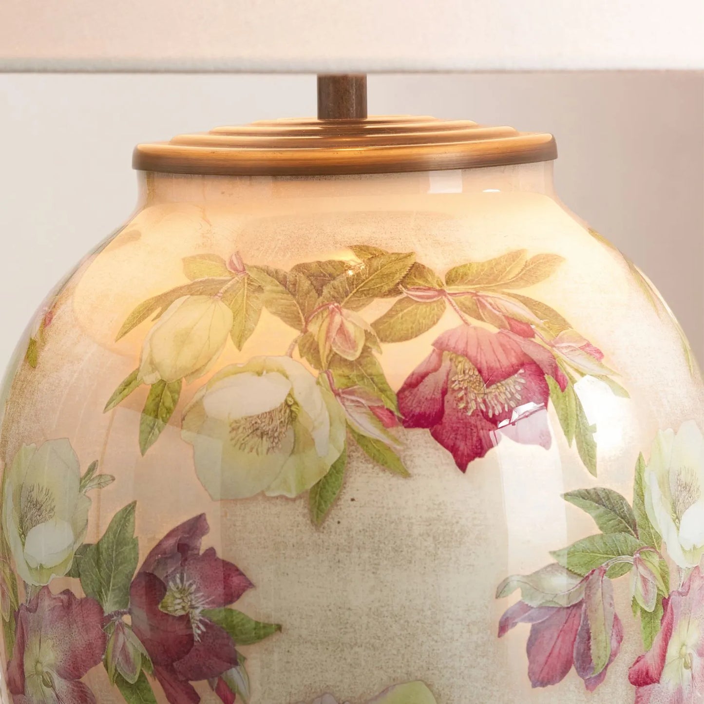 Jenny Worrall Crimson Plum & White Hellebore & Foliage Cream Champagne & Gold Glass Table Lamp Base with Bulbous Shape & Antique Brass Feet – Handcrafted Luxury Floral Lighting 35x20x20cm | Click Style