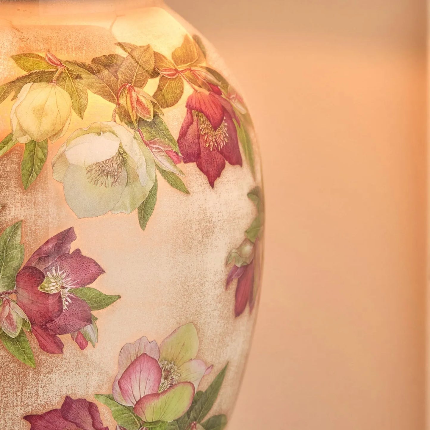 Jenny Worrall Crimson Plum & White Hellebore & Foliage Cream Champagne & Gold Glass Table Lamp Base with Bulbous Shape & Antique Brass Feet – Handcrafted Luxury Floral Lighting 35x20x20cm | Click Style