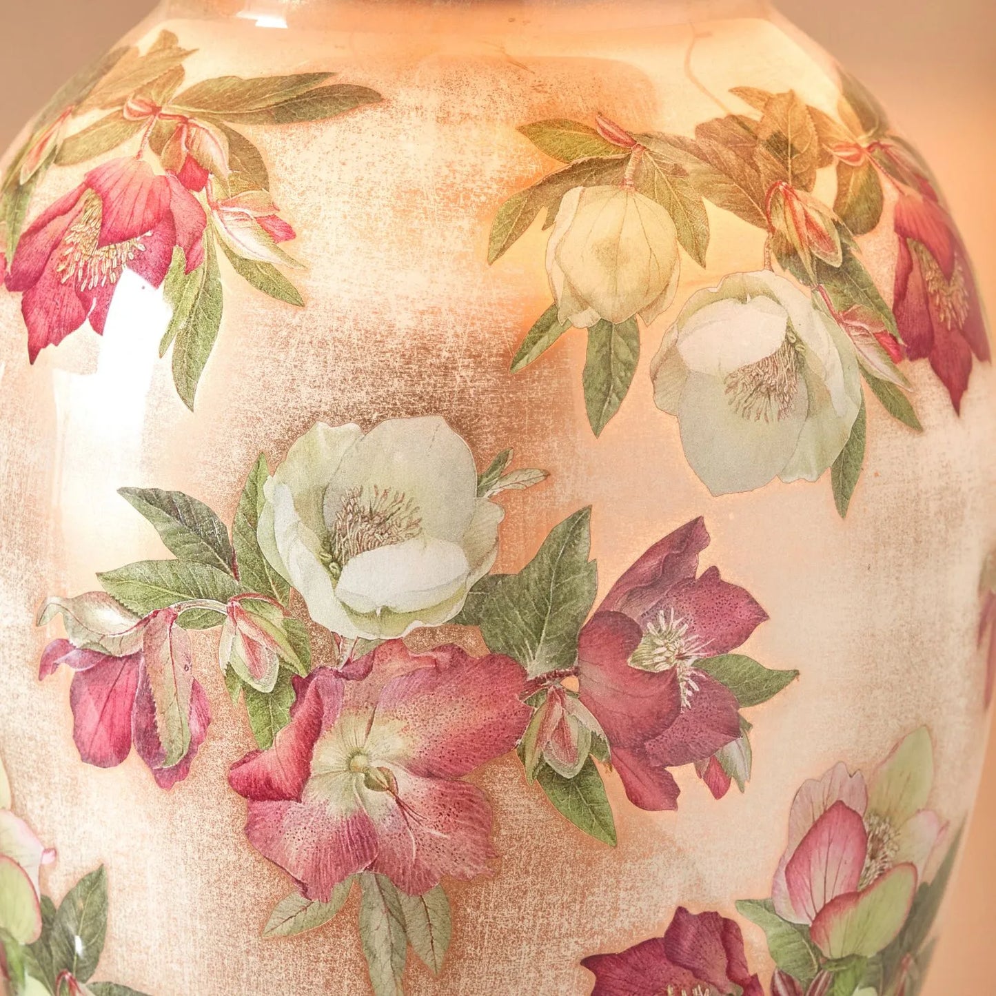 Jenny Worrall Crimson Plum & White Hellebore & Foliage Cream Champagne & Gold Glass Table Lamp Base with Bulbous Shape & Antique Brass Feet – Handcrafted Luxury Floral Lighting 35x20x20cm | Click Style