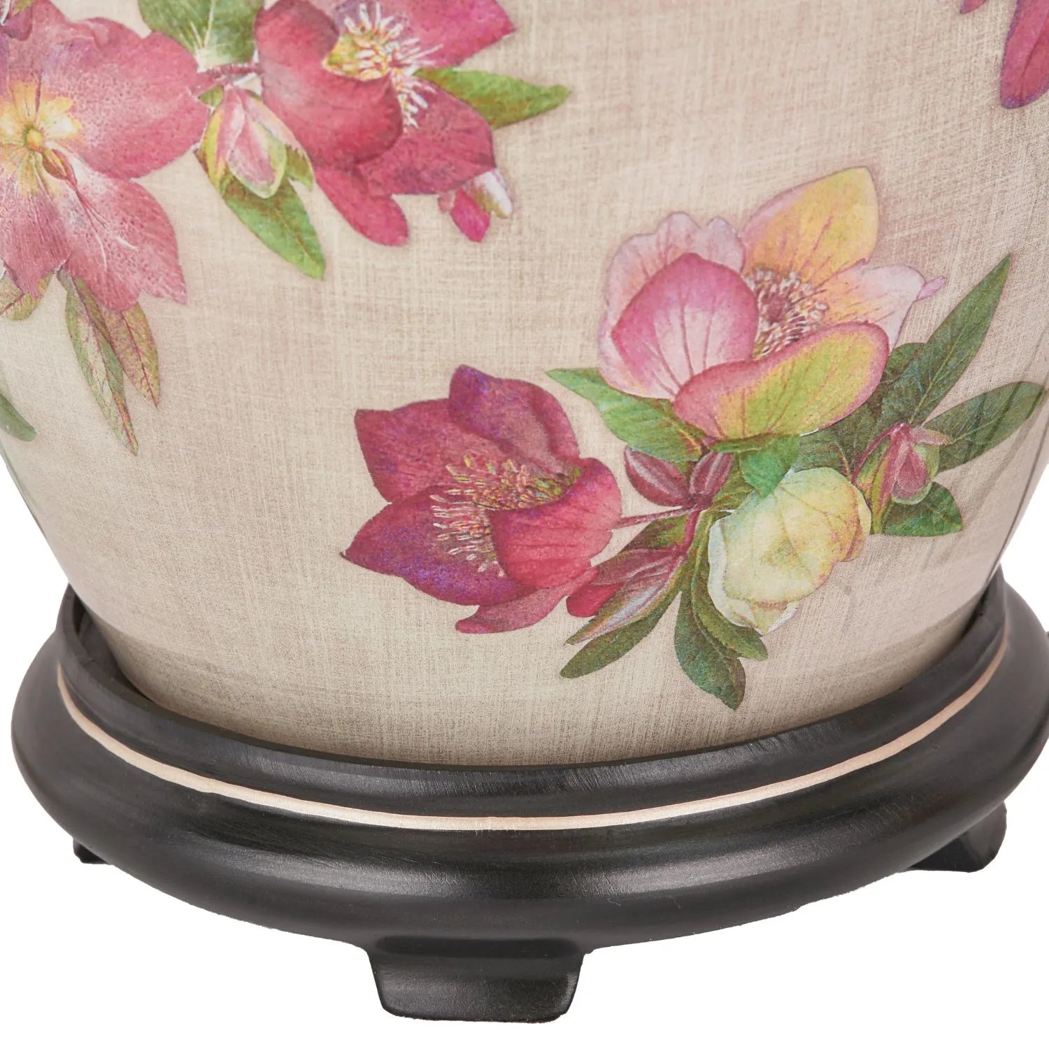 Jenny Worrall Crimson Plum & White Hellebore & Foliage Cream Champagne & Gold Glass Table Lamp Base with Bulbous Shape & Antique Brass Feet – Handcrafted Luxury Floral Lighting 35x20x20cm | Click Style