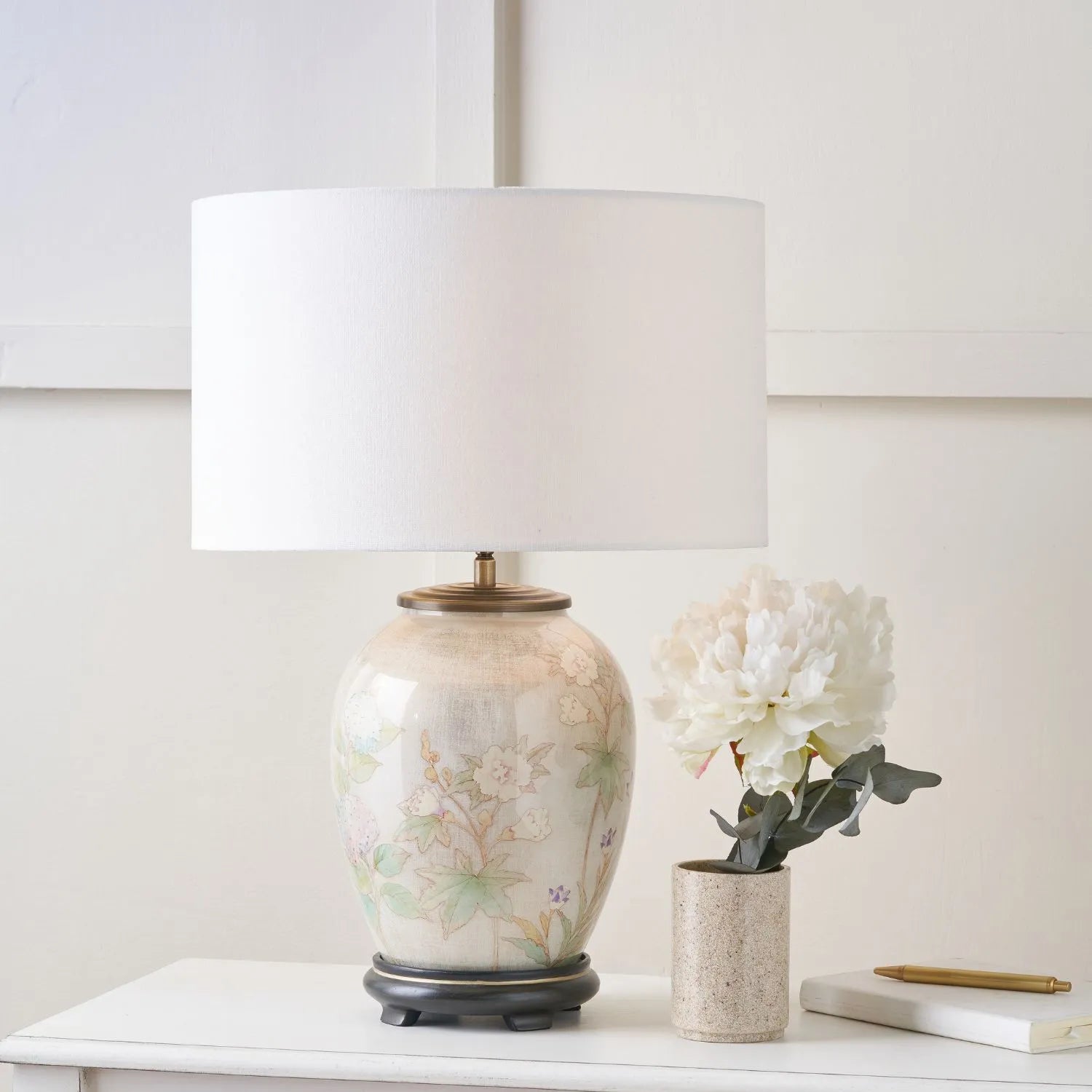 Jenny Worrall Daikon Hydrangea & Purple Bellflower Grey White & Gold Glass Table Lamp Base with Bulbous Shape & Raised Antique Brass Feet – Handcrafted Lighting 37x20x20cm | Click Style