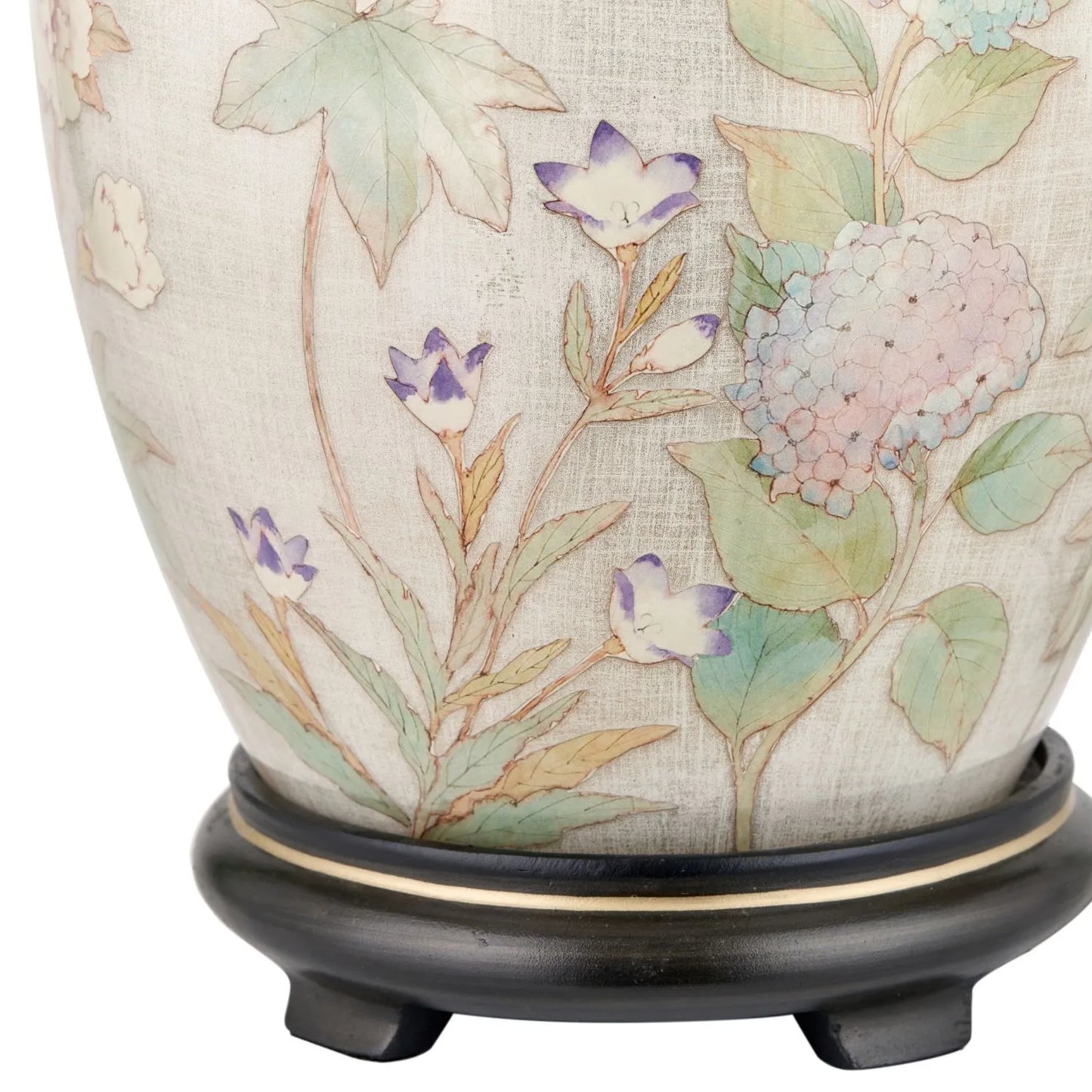 Jenny Worrall Daikon Hydrangea & Purple Bellflower Grey White & Gold Glass Table Lamp Base with Bulbous Shape & Raised Antique Brass Feet – Handcrafted Lighting 37x20x20cm | Click Style