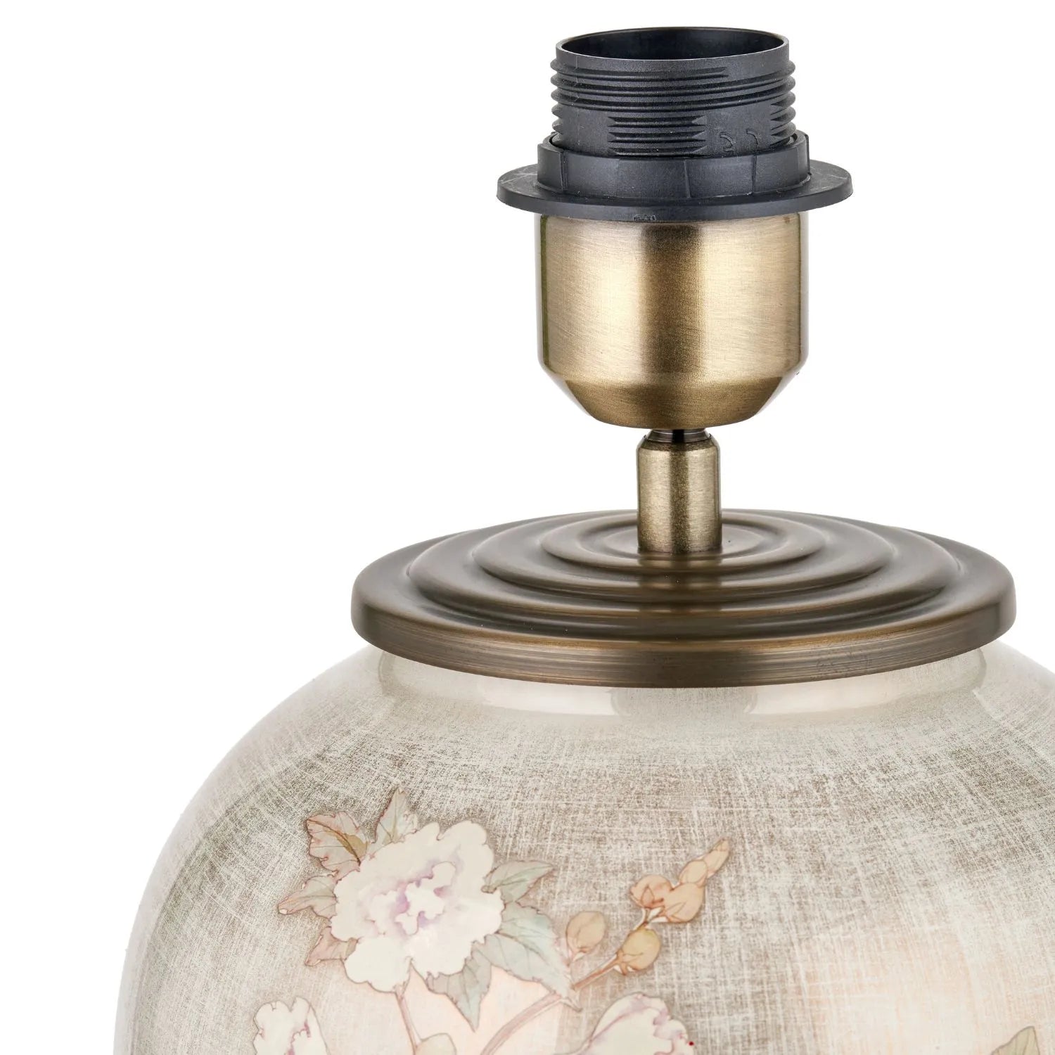 Jenny Worrall Daikon Hydrangea & Purple Bellflower Grey White & Gold Glass Table Lamp Base with Bulbous Shape & Raised Antique Brass Feet – Handcrafted Lighting 37x20x20cm | Click Style