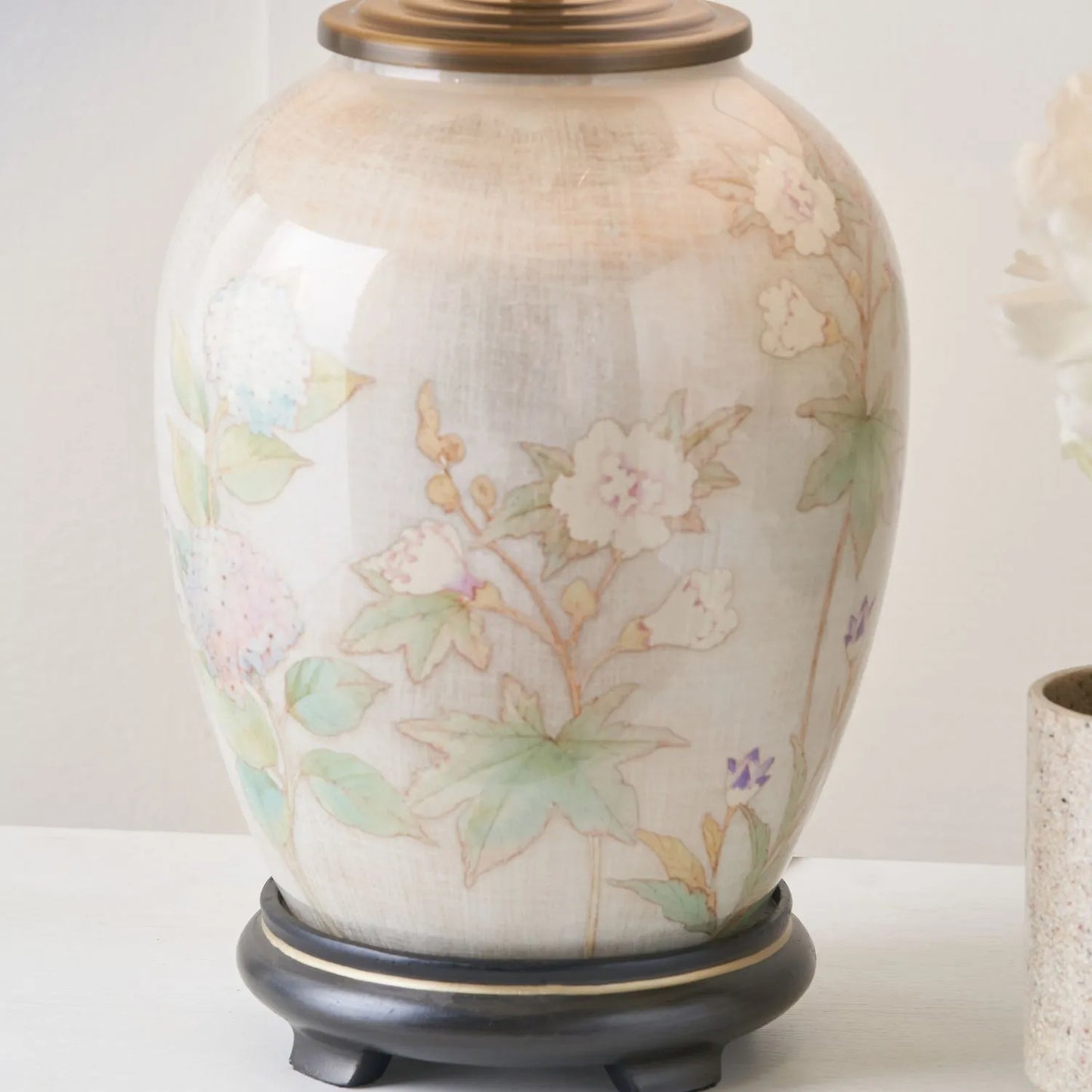 Jenny Worrall Daikon Hydrangea & Purple Bellflower Grey White & Gold Glass Table Lamp Base with Bulbous Shape & Raised Antique Brass Feet – Handcrafted Lighting 37x20x20cm | Click Style