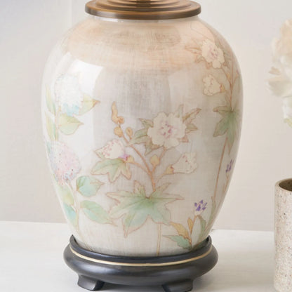 Jenny Worrall Daikon Hydrangea & Purple Bellflower Grey White & Gold Glass Table Lamp Base with Bulbous Shape & Raised Antique Brass Feet – Handcrafted Lighting 37x20x20cm | Click Style