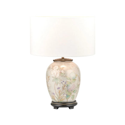 Jenny Worrall Daikon Hydrangea & Purple Bellflower Grey White & Gold Glass Table Lamp Base with Bulbous Shape & Raised Antique Brass Feet – Handcrafted Lighting 37x20x20cm | Click Style