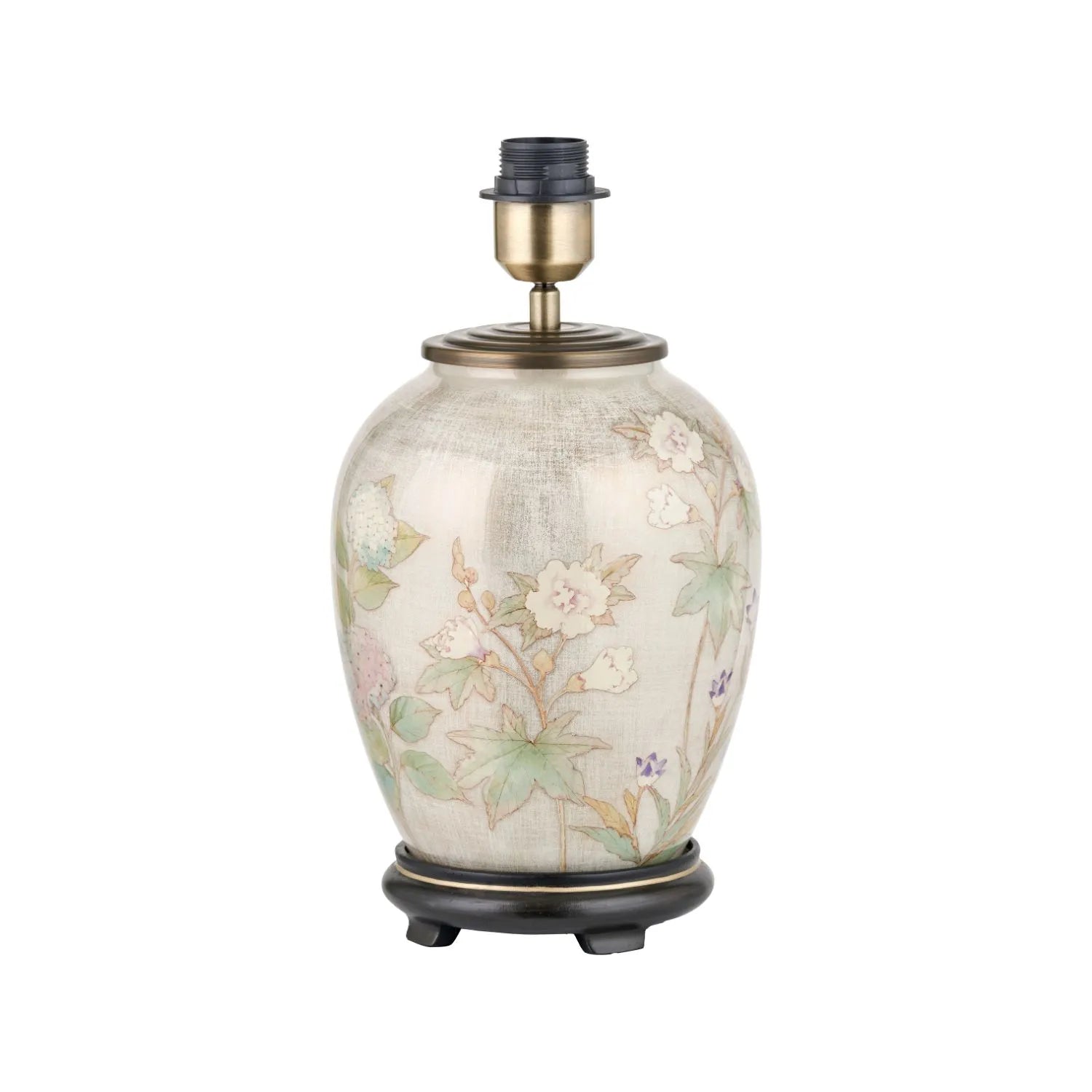 Jenny Worrall Daikon Hydrangea & Purple Bellflower Grey White & Gold Glass Table Lamp Base with Bulbous Shape & Raised Antique Brass Feet – Handcrafted Lighting 37x20x20cm | Click Style