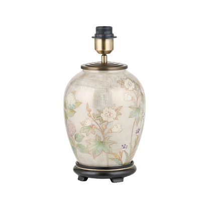 Jenny Worrall Daikon Hydrangea & Purple Bellflower Grey White & Gold Glass Table Lamp Base with Bulbous Shape & Raised Antique Brass Feet – Handcrafted Lighting 37x20x20cm | Click Style