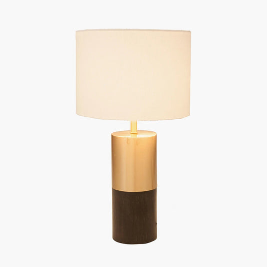 Dark Brown Mango Wood & Brass Table Lamp with White Handloom Cotton Drum Lampshade – Modern Lighting for Home Decor 51x30cm - Click Style