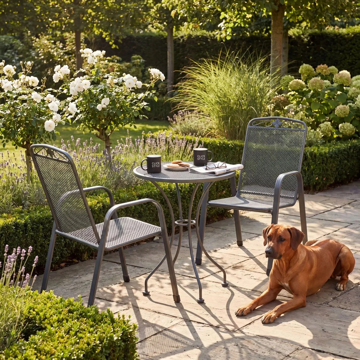 Dark Grey 2-Seater Round Metal Garden Bistro Set with Floral Detail – Powder-Coated Steel Table & Chairs 73×60×60cm with Weather-Resistant Mesh Seating for Patios, Balconies, Courtyards and Small Gardens | Click Style