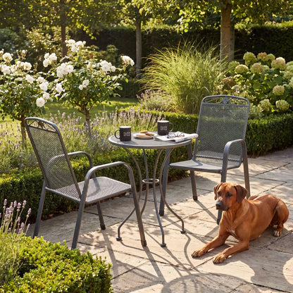 Dark Grey 2-Seater Round Metal Garden Bistro Set with Floral Detail – Powder-Coated Steel Table & Chairs 73×60×60cm with Weather-Resistant Mesh Seating for Patios, Balconies, Courtyards and Small Gardens | Click Style