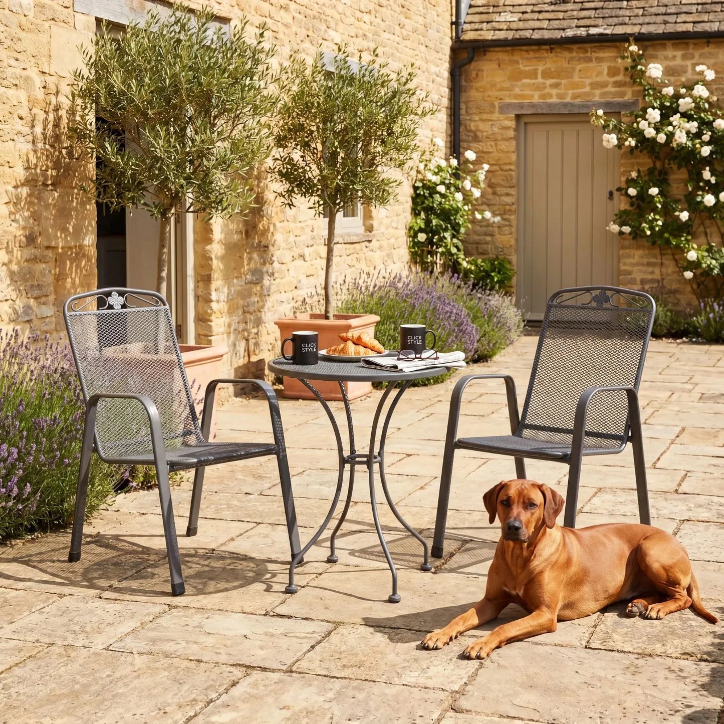Dark Grey 2-Seater Round Metal Garden Bistro Set with Floral Detail – Powder-Coated Steel Table & Chairs 73×60×60cm with Weather-Resistant Mesh Seating for Patios, Balconies, Courtyards and Small Gardens | Click Style