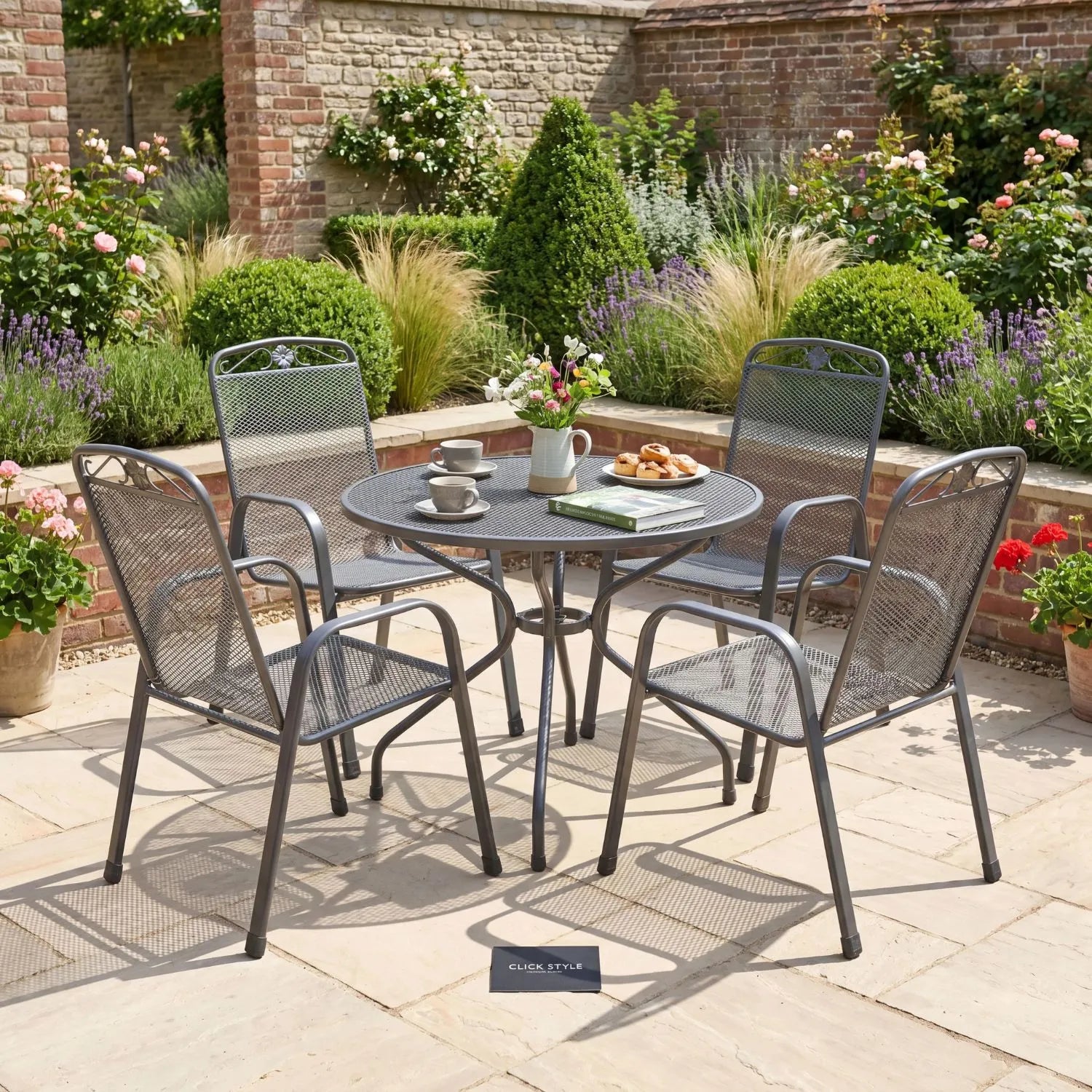 Dark Grey 4-Seater Round Metal Garden Dining Set with Floral Detail – Powder-Coated Steel Outdoor Table & Chairs H74xW105xD105cm with Round Mesh Dining Table, Breathable Mesh Chairs, Curved Armrests, Stackable Seating, Central Parasol Hole and Weather-Resistant Elotherm Finish for Patios, Terraces and Gardens | Click Style