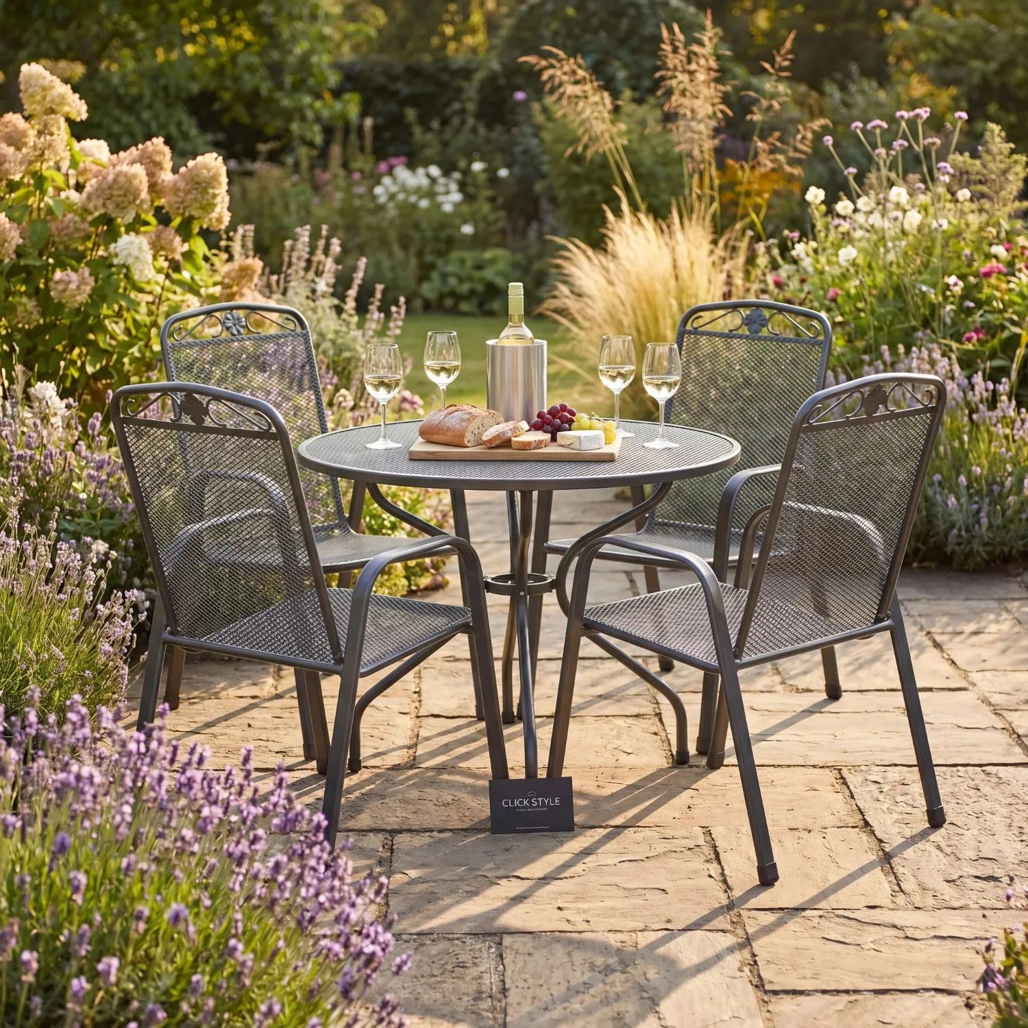 Dark Grey 4-Seater Round Metal Garden Dining Set with Floral Detail – Powder-Coated Steel Outdoor Table & Chairs H74xW105xD105cm with Round Mesh Dining Table, Breathable Mesh Chairs, Curved Armrests, Stackable Seating, Central Parasol Hole and Weather-Resistant Elotherm Finish for Patios, Terraces and Gardens | Click Style