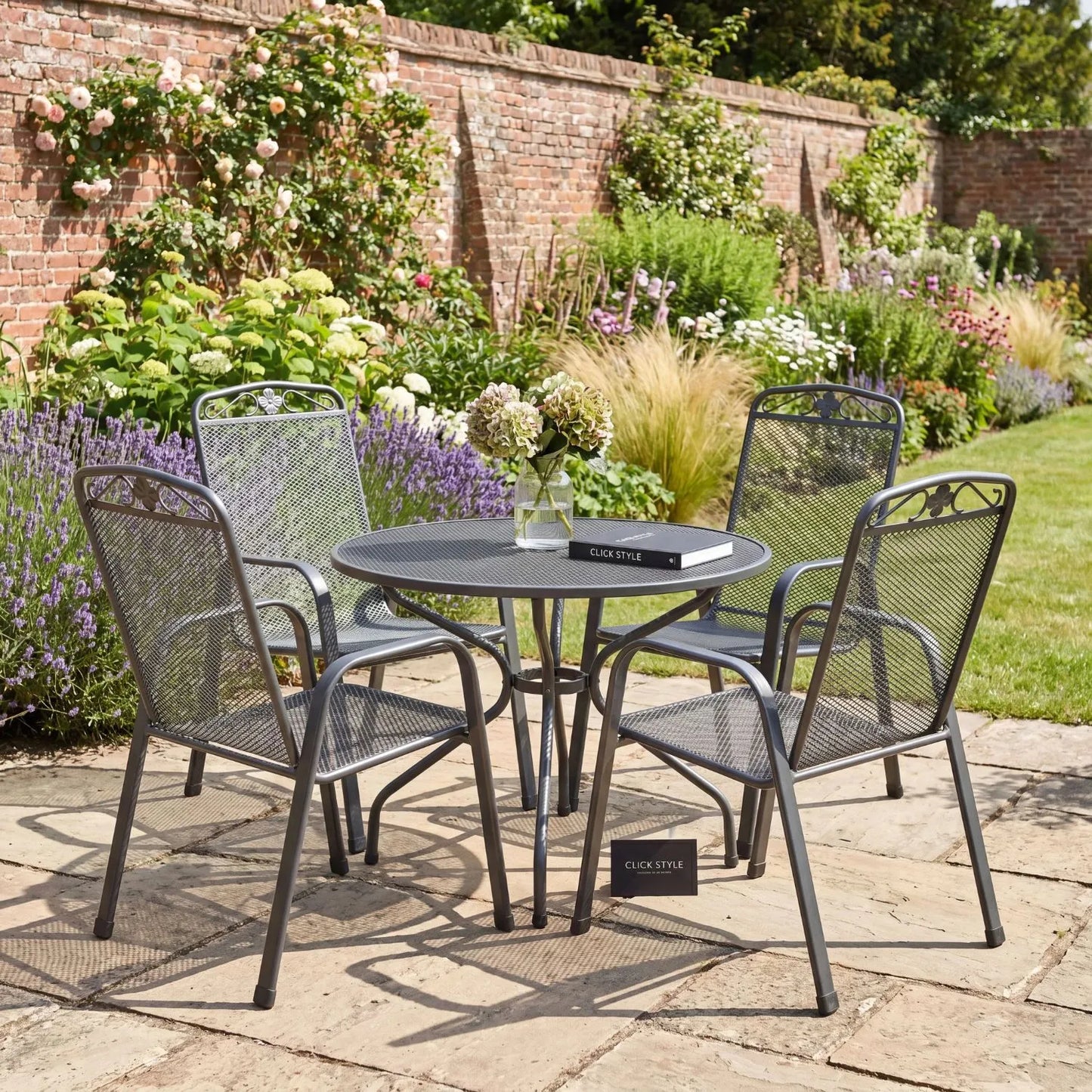 Dark Grey 4-Seater Round Metal Garden Dining Set with Floral Detail – Powder-Coated Steel Outdoor Table & Chairs H74xW105xD105cm with Round Mesh Dining Table, Breathable Mesh Chairs, Curved Armrests, Stackable Seating, Central Parasol Hole and Weather-Resistant Elotherm Finish for Patios, Terraces and Gardens | Click Style