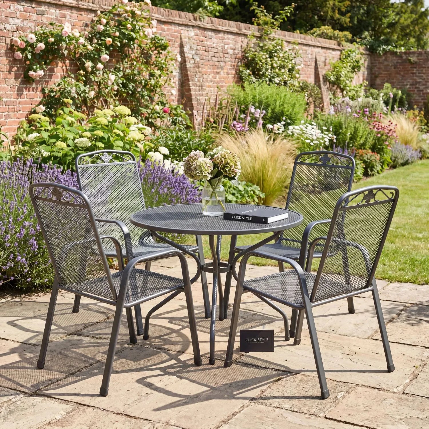 Dark Grey 4-Seater Round Metal Garden Dining Set with Floral Detail – Powder-Coated Steel Outdoor Table & Chairs H74xW105xD105cm with Round Mesh Dining Table, Breathable Mesh Chairs, Curved Armrests, Stackable Seating, Central Parasol Hole and Weather-Resistant Elotherm Finish for Patios, Terraces and Gardens | Click Style