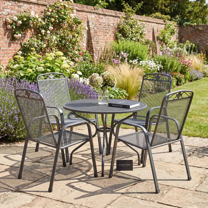 Dark Grey 4-Seater Round Metal Garden Dining Set with Floral Detail – Powder-Coated Steel Outdoor Table & Chairs H74xW105xD105cm with Round Mesh Dining Table, Breathable Mesh Chairs, Curved Armrests, Stackable Seating, Central Parasol Hole and Weather-Resistant Elotherm Finish for Patios, Terraces and Gardens | Click Style