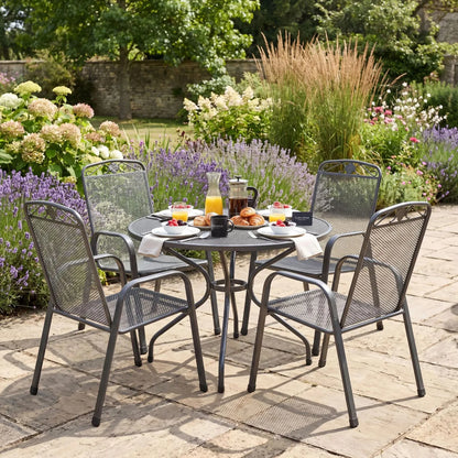 Dark Grey 4-Seater Round Metal Garden Dining Set with Floral Detail – Powder-Coated Steel Outdoor Table & Chairs H74xW105xD105cm with Round Mesh Dining Table, Breathable Mesh Chairs, Curved Armrests, Stackable Seating, Central Parasol Hole and Weather-Resistant Elotherm Finish for Patios, Terraces and Gardens | Click Style