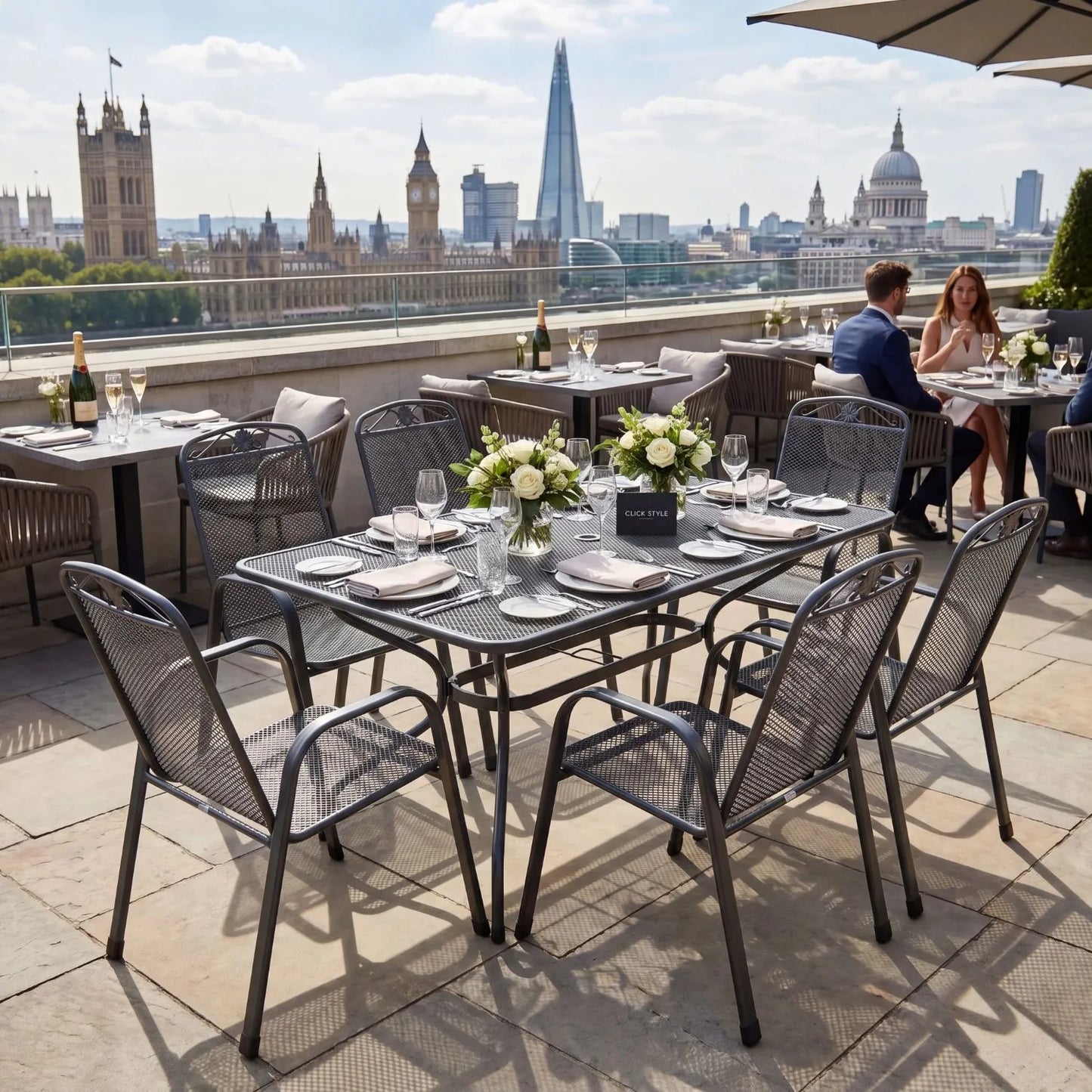 Dark Grey 6-Seater Rectangular Metal Garden Dining Set with Floral Detail – Powder-Coated Steel Table & Chairs 74x145x90cm Garden Furniture Set with Stackable Mesh Chairs Parasol Hole and Weather-Resistant Elotherm Finish | Click Style