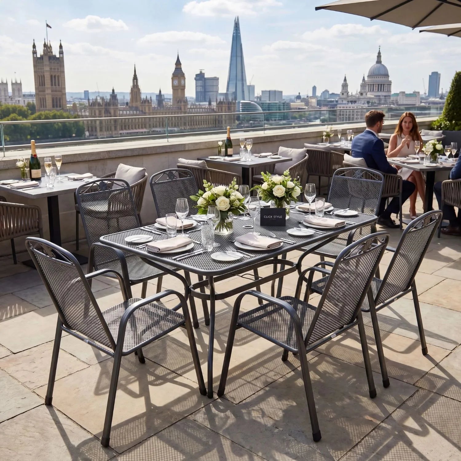 Dark Grey 6-Seater Rectangular Metal Garden Dining Set with Floral Detail – Powder-Coated Steel Table & Chairs 74x145x90cm Garden Furniture Set with Stackable Mesh Chairs Parasol Hole and Weather-Resistant Elotherm Finish | Click Style