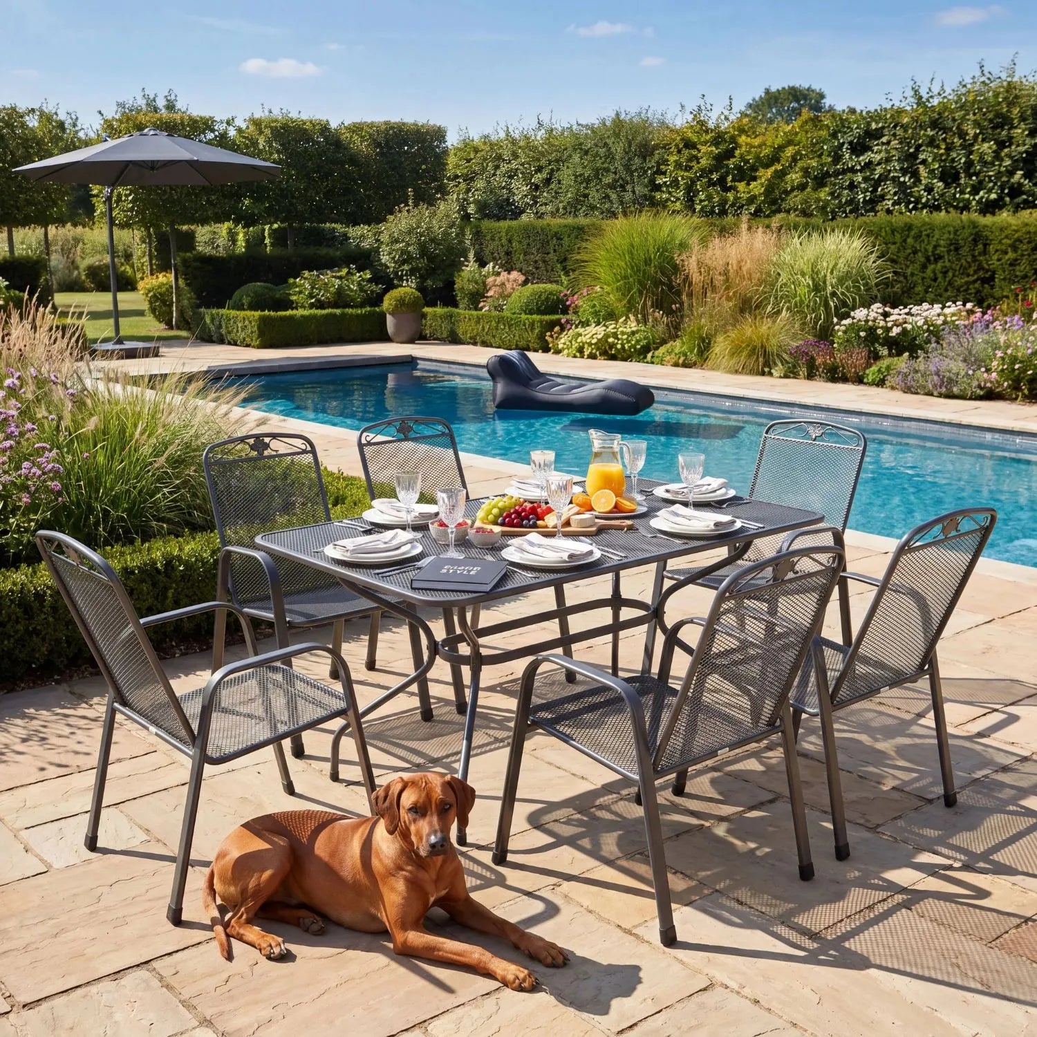Dark Grey 6-Seater Rectangular Metal Garden Dining Set with Floral Detail – Powder-Coated Steel Table & Chairs 74x145x90cm Garden Furniture Set with Stackable Mesh Chairs Parasol Hole and Weather-Resistant Elotherm Finish | Click Style