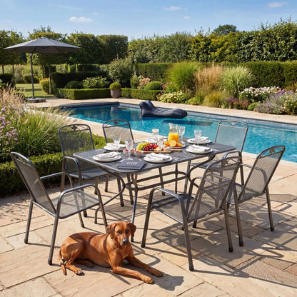 Dark Grey 6-Seater Rectangular Metal Garden Dining Set with Floral Detail – Powder-Coated Steel Table & Chairs 74x145x90cm Garden Furniture Set with Stackable Mesh Chairs Parasol Hole and Weather-Resistant Elotherm Finish | Click Style