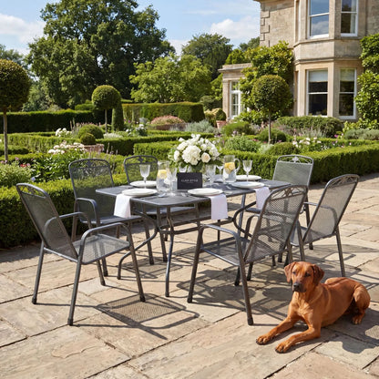 Dark Grey 6-Seater Rectangular Metal Garden Dining Set with Floral Detail – Powder-Coated Steel Table & Chairs 74x145x90cm Garden Furniture Set with Stackable Mesh Chairs Parasol Hole and Weather-Resistant Elotherm Finish | Click Style