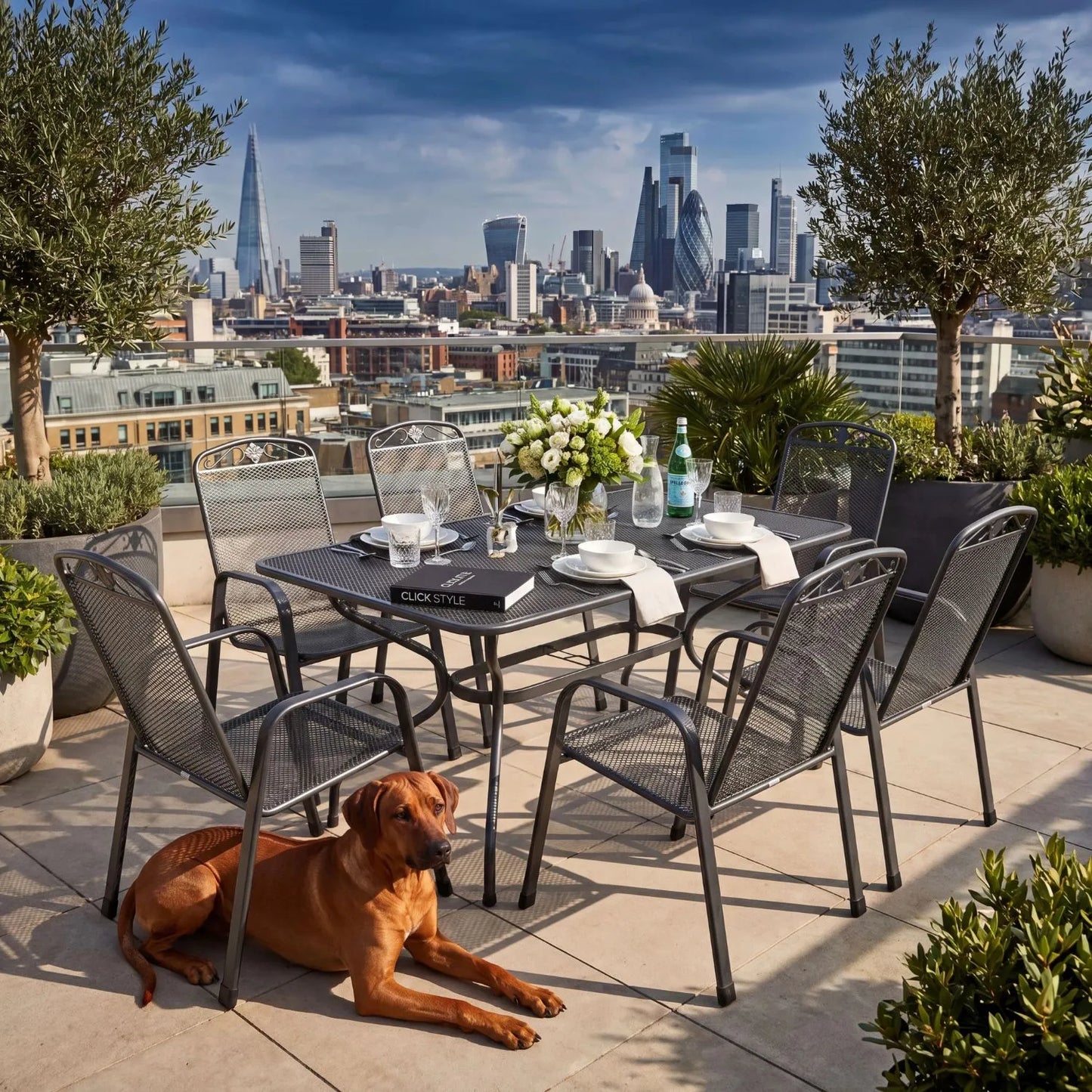 Dark Grey 6-Seater Rectangular Metal Garden Dining Set with Floral Detail – Powder-Coated Steel Table & Chairs 74x145x90cm Garden Furniture Set with Stackable Mesh Chairs Parasol Hole and Weather-Resistant Elotherm Finish | Click Style