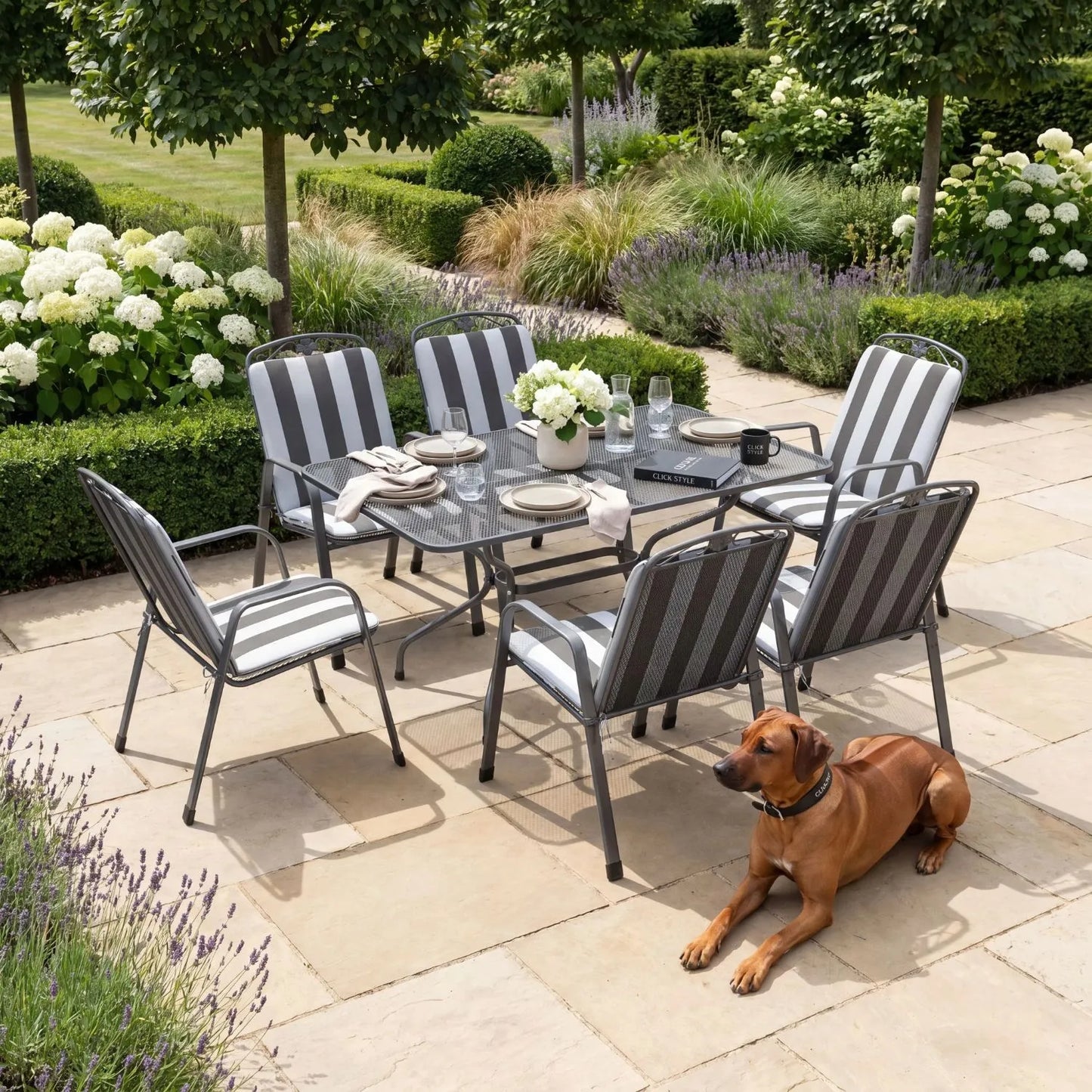 Dark Grey 6-Seater Rectangular Metal Garden Dining Set with Floral Detail & Striped Grey and White Seat Cushions – Powder-Coated Steel Table & Chairs 74x145x90cm with Stackable Mesh Chairs Tie-On Cushions Central Parasol Hole and Weather-Resistant Elotherm Finish for Patios Terraces Large Balconies and Outdoor Dining | Click Style