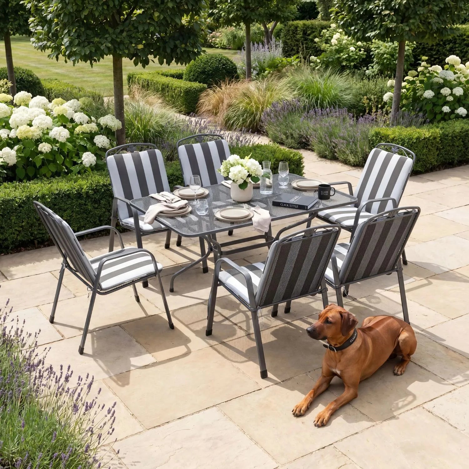 Dark Grey 6-Seater Rectangular Metal Garden Dining Set with Floral Detail & Striped Grey and White Seat Cushions – Powder-Coated Steel Table & Chairs 74x145x90cm with Stackable Mesh Chairs Tie-On Cushions Central Parasol Hole and Weather-Resistant Elotherm Finish for Patios Terraces Large Balconies and Outdoor Dining | Click Style