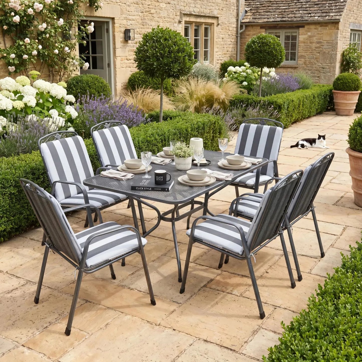 Dark Grey 6-Seater Rectangular Metal Garden Dining Set with Floral Detail & Striped Grey and White Seat Cushions – Powder-Coated Steel Table & Chairs 74x145x90cm with Stackable Mesh Chairs Tie-On Cushions Central Parasol Hole and Weather-Resistant Elotherm Finish for Patios Terraces Large Balconies and Outdoor Dining | Click Style