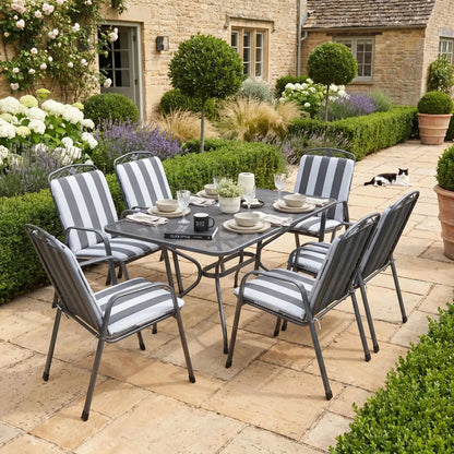 Dark Grey 6-Seater Rectangular Metal Garden Dining Set with Floral Detail & Striped Grey and White Seat Cushions – Powder-Coated Steel Table & Chairs 74x145x90cm with Stackable Mesh Chairs Tie-On Cushions Central Parasol Hole and Weather-Resistant Elotherm Finish for Patios Terraces Large Balconies and Outdoor Dining | Click Style