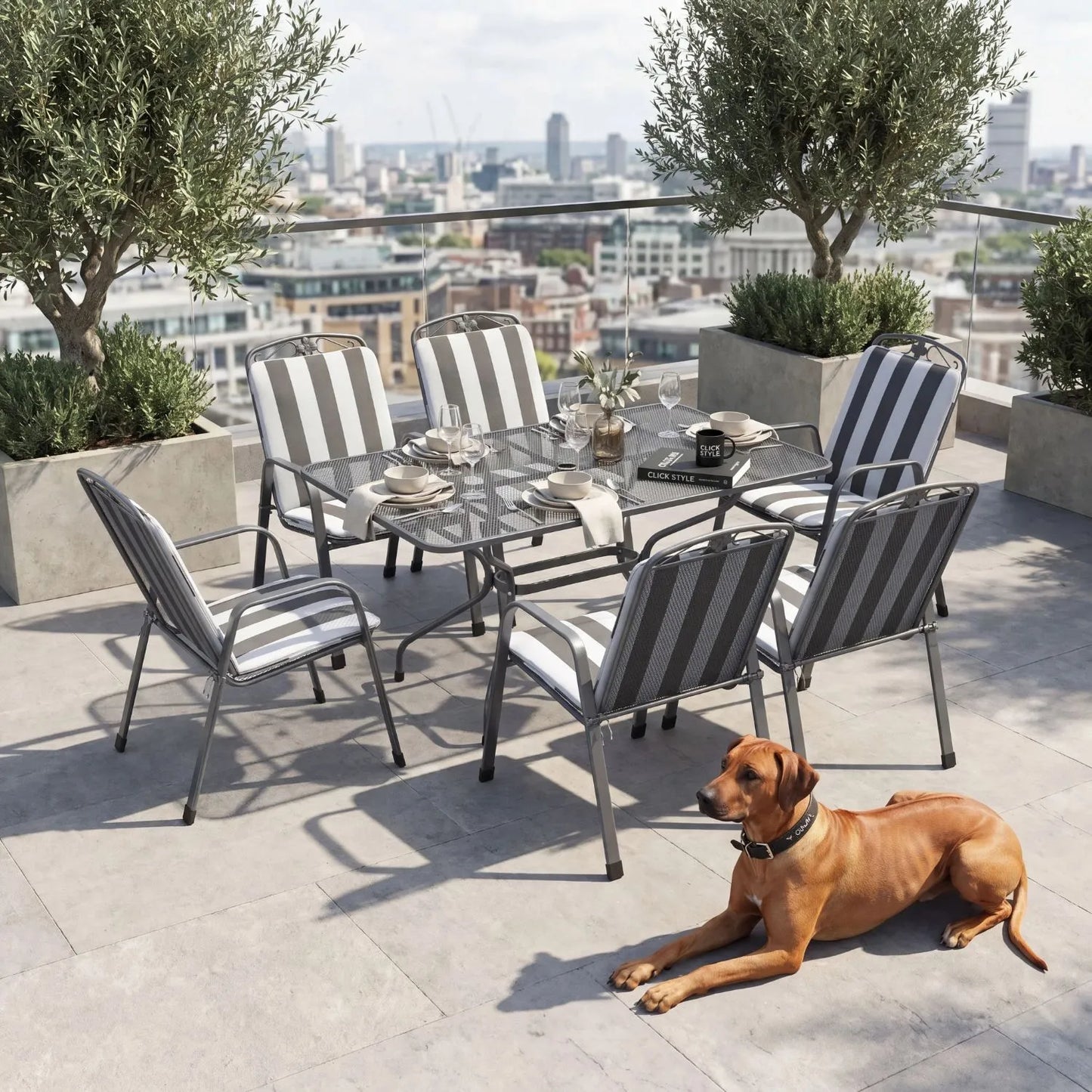 Dark Grey 6-Seater Rectangular Metal Garden Dining Set with Floral Detail & Striped Grey and White Seat Cushions – Powder-Coated Steel Table & Chairs 74x145x90cm with Stackable Mesh Chairs Tie-On Cushions Central Parasol Hole and Weather-Resistant Elotherm Finish for Patios Terraces Large Balconies and Outdoor Dining | Click Style