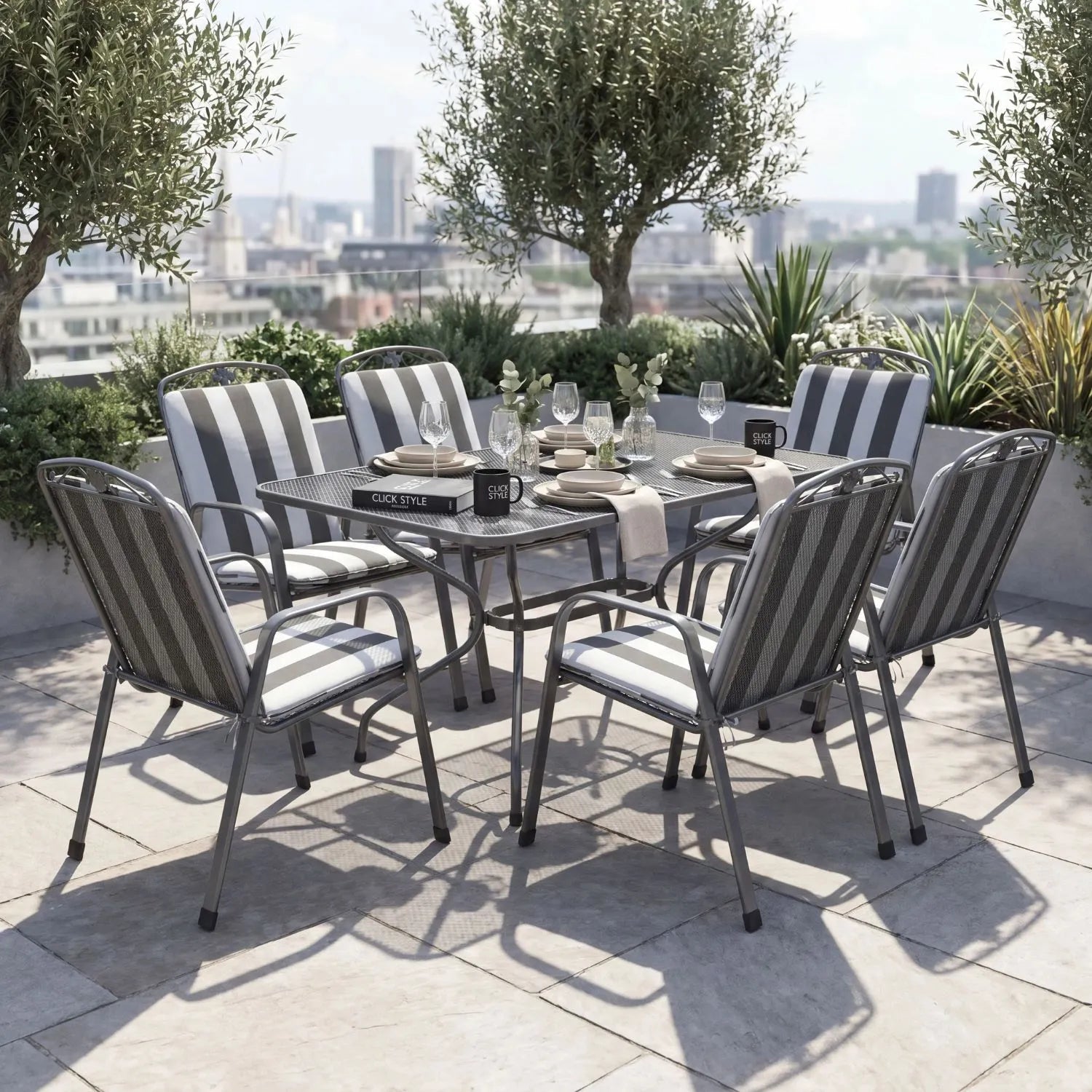 Dark Grey 6-Seater Rectangular Metal Garden Dining Set with Floral Detail & Striped Grey and White Seat Cushions – Powder-Coated Steel Table & Chairs 74x145x90cm with Stackable Mesh Chairs Tie-On Cushions Central Parasol Hole and Weather-Resistant Elotherm Finish for Patios Terraces Large Balconies and Outdoor Dining | Click Style