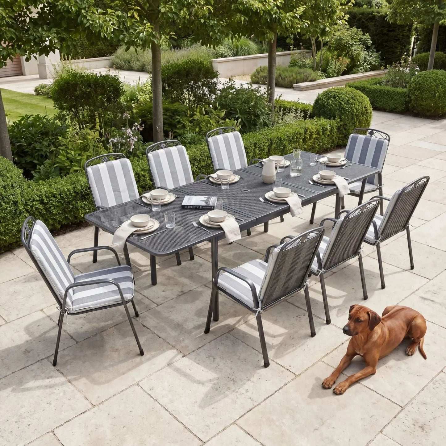 Dark Grey 8-Seater Extendable Rectangular Metal Garden Dining Set with Floral Detail & Striped Grey and White Seat Cushions – Powder-Coated Steel Table & Chairs 76x261x90cm – Extendable Outdoor Mesh Dining Set with Stackable Garden Chairs, Elotherm Weather-Resistant Steel Frame & Contemporary Alfresco Patio Dining Design | Click Style
