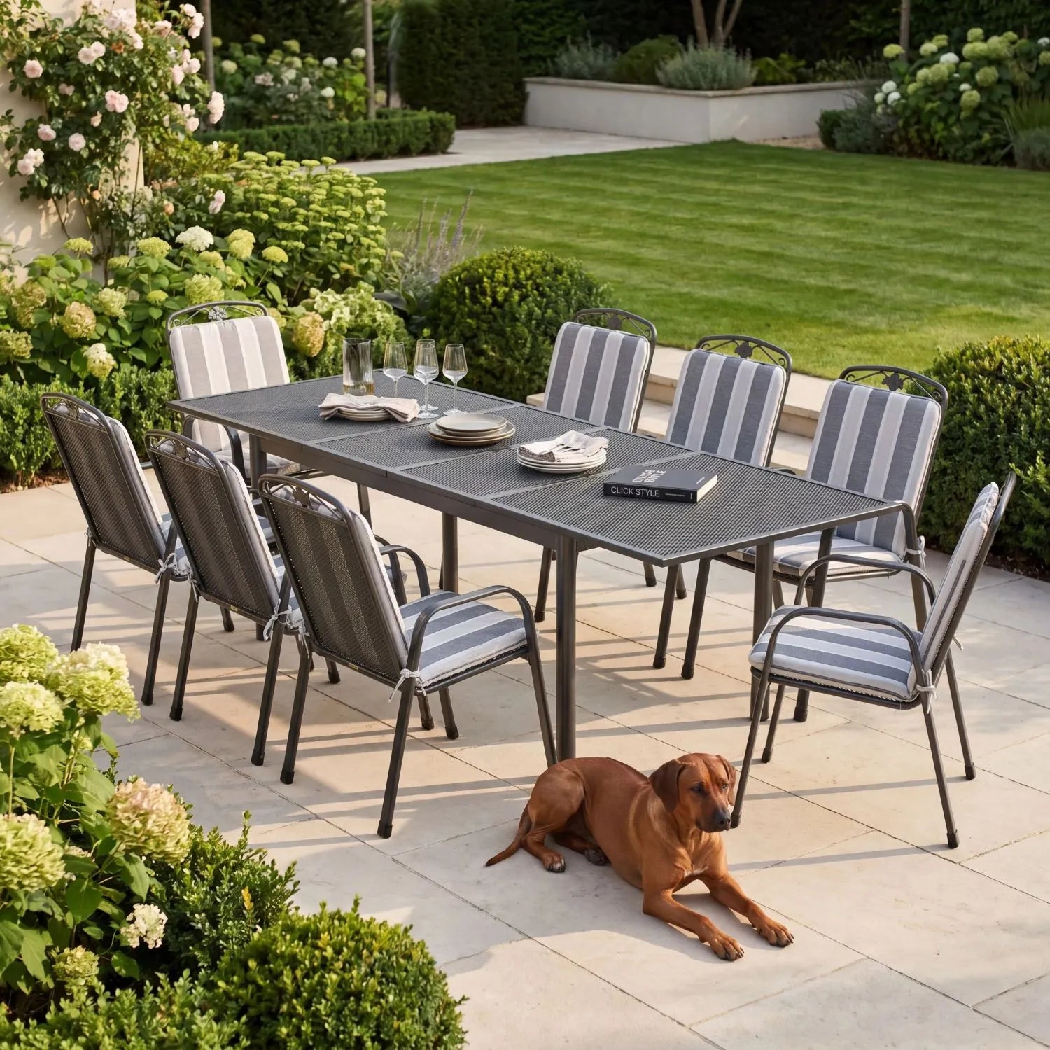 Dark Grey 8-Seater Extendable Rectangular Metal Garden Dining Set with Floral Detail & Striped Grey and White Seat Cushions – Powder-Coated Steel Table & Chairs 76x261x90cm – Extendable Outdoor Mesh Dining Set with Stackable Garden Chairs, Elotherm Weather-Resistant Steel Frame & Contemporary Alfresco Patio Dining Design | Click Style