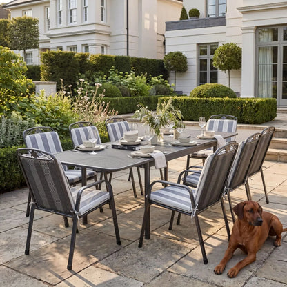 Dark Grey 8-Seater Extendable Rectangular Metal Garden Dining Set with Floral Detail & Striped Grey and White Seat Cushions – Powder-Coated Steel Table & Chairs 76x261x90cm – Extendable Outdoor Mesh Dining Set with Stackable Garden Chairs, Elotherm Weather-Resistant Steel Frame & Contemporary Alfresco Patio Dining Design | Click Style