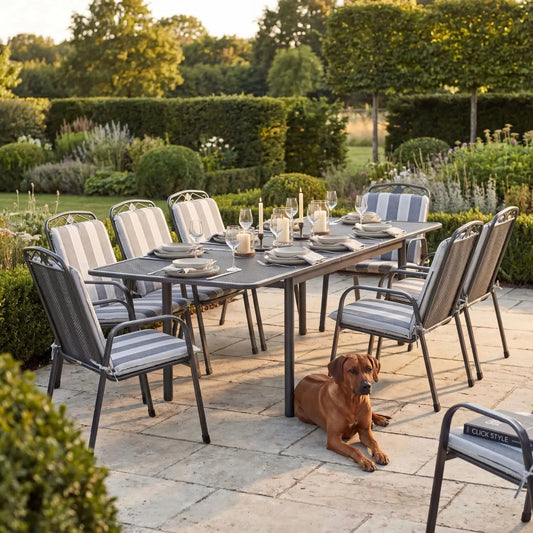 Dark Grey 8-Seater Extendable Rectangular Metal Garden Dining Set with Floral Detail & Striped Grey and White Seat Cushions – Powder-Coated Steel Table & Chairs 76x261x90cm – Extendable Outdoor Mesh Dining Set with Stackable Garden Chairs, Elotherm Weather-Resistant Steel Frame & Contemporary Alfresco Patio Dining Design | Click Style