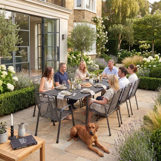 Dark Grey 8-Seater Extendable Rectangular Metal Garden Dining Set with Floral Detail – Powder-Coated Steel Table & Chairs 76x261x90cm – large extendable outdoor dining table with stackable mesh garden chairs, floral backrest detailing and weather-resistant powder-coated steel frame with Elotherm protective finish for patios, terraces, garden entertaining and luxury outdoor dining spaces | Click Style