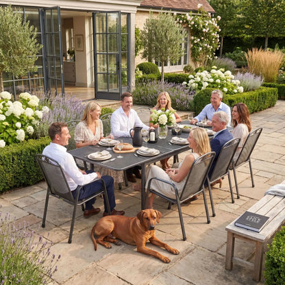 Dark Grey 8-Seater Extendable Rectangular Metal Garden Dining Set with Floral Detail – Powder-Coated Steel Table & Chairs 76x261x90cm – large extendable outdoor dining table with stackable mesh garden chairs, floral backrest detailing and weather-resistant powder-coated steel frame with Elotherm protective finish for patios, terraces, garden entertaining and luxury outdoor dining spaces | Click Style