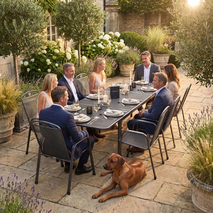 Dark Grey 8-Seater Extendable Rectangular Metal Garden Dining Set with Floral Detail – Powder-Coated Steel Table & Chairs 76x261x90cm – large extendable outdoor dining table with stackable mesh garden chairs, floral backrest detailing and weather-resistant powder-coated steel frame with Elotherm protective finish for patios, terraces, garden entertaining and luxury outdoor dining spaces | Click Style