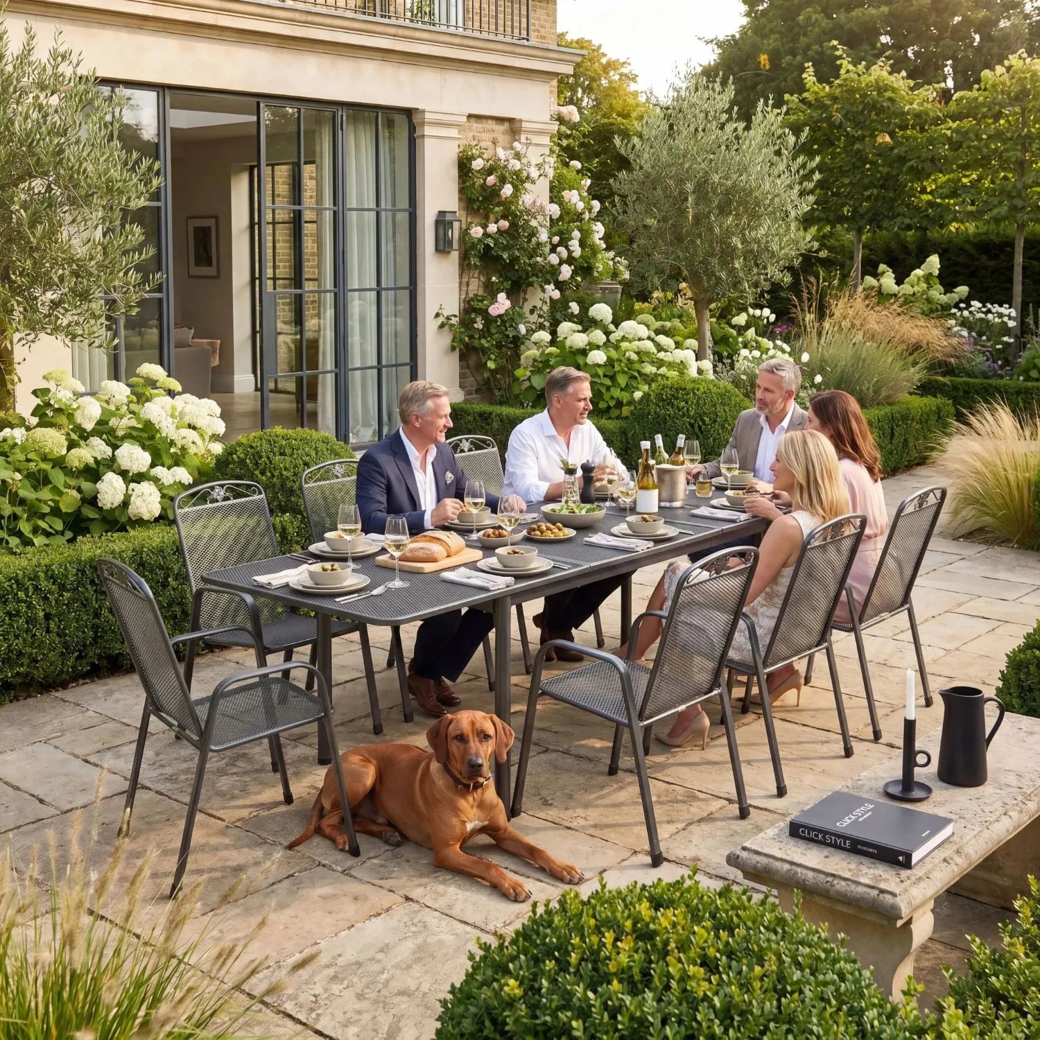 Dark Grey 8-Seater Extendable Rectangular Metal Garden Dining Set with Floral Detail – Powder-Coated Steel Table & Chairs 76x261x90cm – large extendable outdoor dining table with stackable mesh garden chairs, floral backrest detailing and weather-resistant powder-coated steel frame with Elotherm protective finish for patios, terraces, garden entertaining and luxury outdoor dining spaces | Click Style