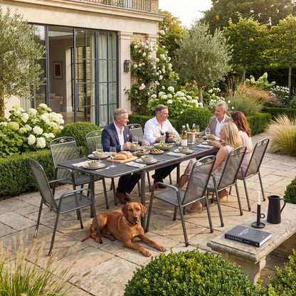 Dark Grey 8-Seater Extendable Rectangular Metal Garden Dining Set with Floral Detail – Powder-Coated Steel Table & Chairs 76x261x90cm – large extendable outdoor dining table with stackable mesh garden chairs, floral backrest detailing and weather-resistant powder-coated steel frame with Elotherm protective finish for patios, terraces, garden entertaining and luxury outdoor dining spaces | Click Style