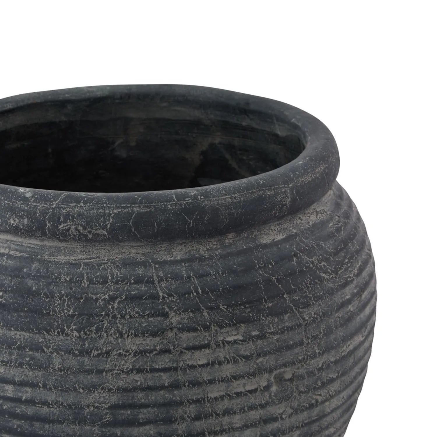 Dark Grey Ribbed Stone-Effect Barrel Planter with Rolled Rim –Textured ...