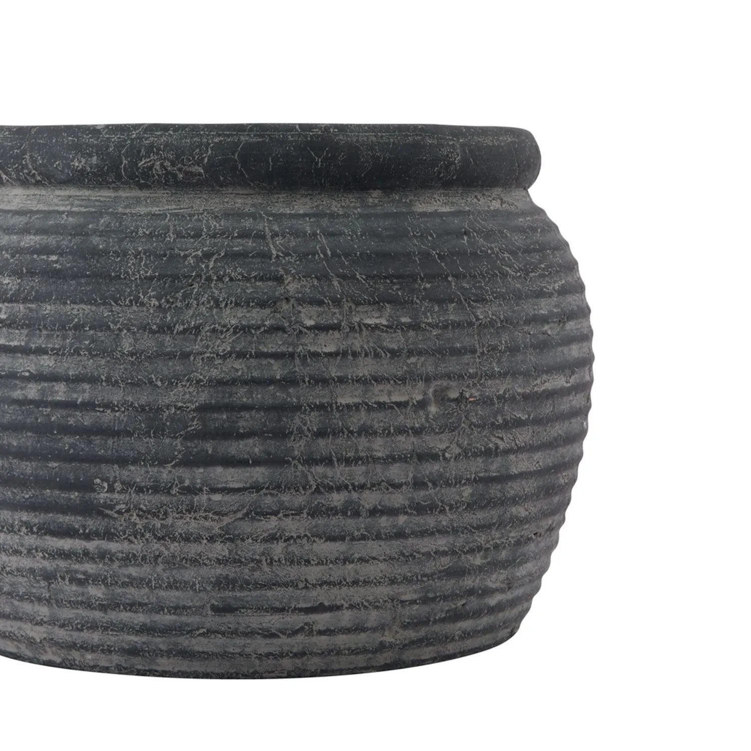 Dark Grey Ribbed Stone-Effect Barrel Planter with Rolled Rim –Textured ...