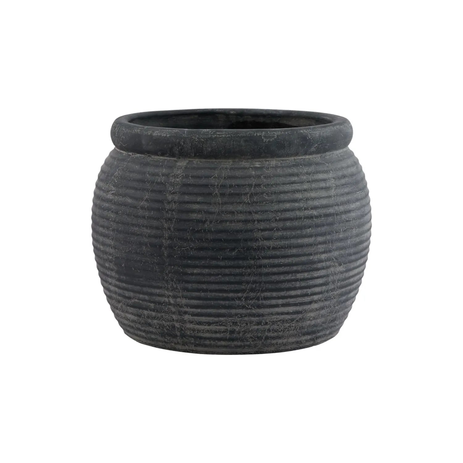 Dark Grey Ribbed Stone-Effect Barrel Planter with Rolled Rim –Textured ...