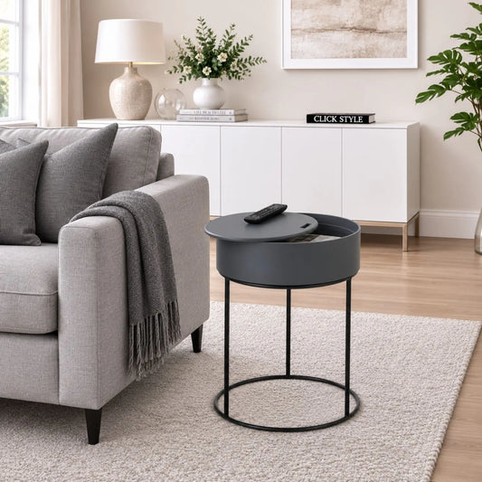 Dark Grey Round Storage Side Table with Black Metal Frame and Hidden Storage Removable Lid Styled Beside Grey Sofa in Contemporary Living Room 51.5x38cm | Click Style